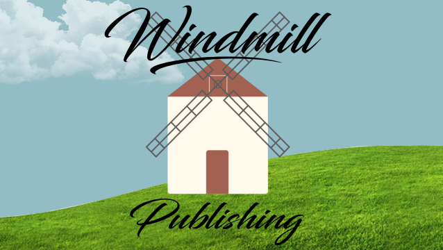Windmill and text displaying "Windmill Publishing" on a green hill with a cloud passing overhead.